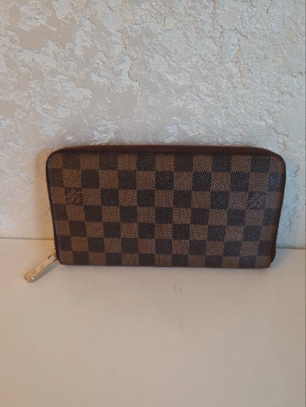 Louis Vuitton Brown Textured Leather Wallet Organazer with Red Logo Stamp